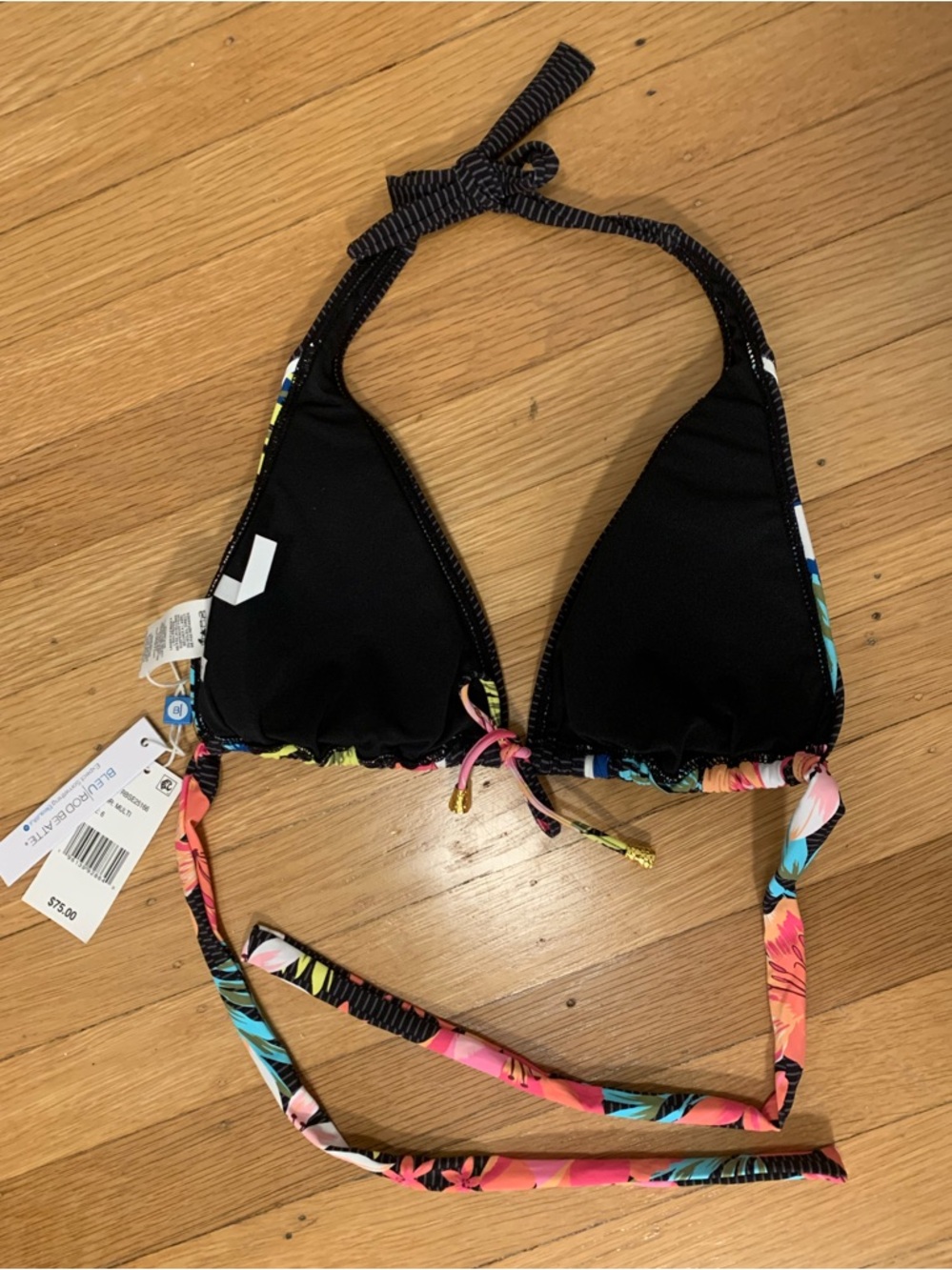 NWT Bleu Rod Beattie Black Multicolor Triangle Bikini Top with Halter Ties SZ 6 - Picture 9 of 11